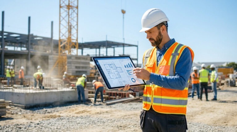Ingénieur sur chantier utilisant une tablette affichant des plans et des données. Des ouvriers travaillent en arrière-plan.