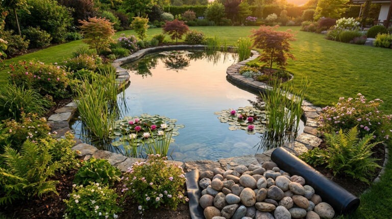 Wide-angle view of a tranquil garden pond with water lilies, reeds, and lush landscaping. Bathed in warm sunset light, stones and pond liner hint at recent completion.