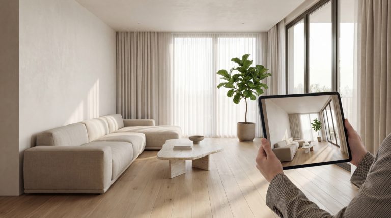 Personne tenant une tablette affichant un salon moderne clair avec canapé, sol en bois et grandes fenêtres, suggérant l'AR.