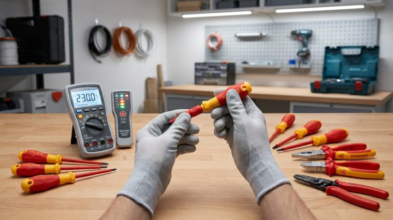 Mains avec gants manipulant un tournevis isolant sur un établi d'atelier avec des outils électroniques.
