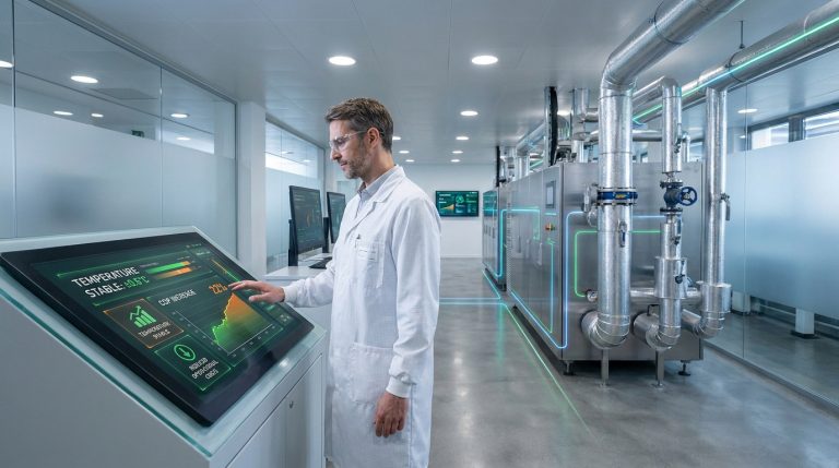 Tout savoir sur le stdh traitement hu industriel en 2026 Un ingénieur en blouse blanche contrôle un système de traitement thermique industriel via une interface tactile.