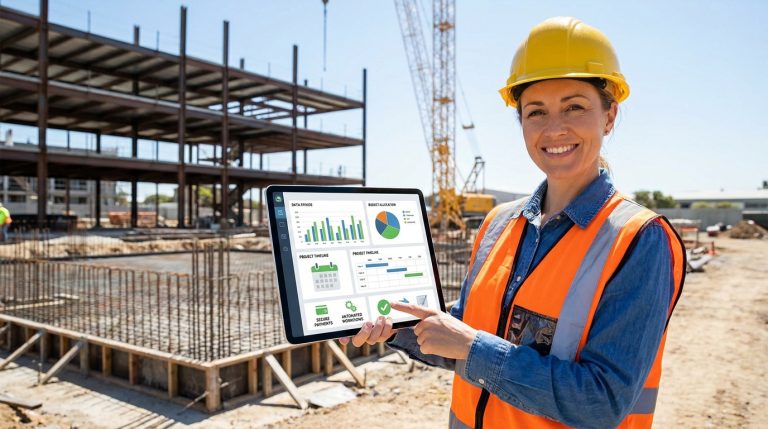 Ediflex gestion chantier : automatisez vos situations Une ingénieure en casque et gilet de sécurité tenant une tablette affichant des graphiques de gestion de chantier.