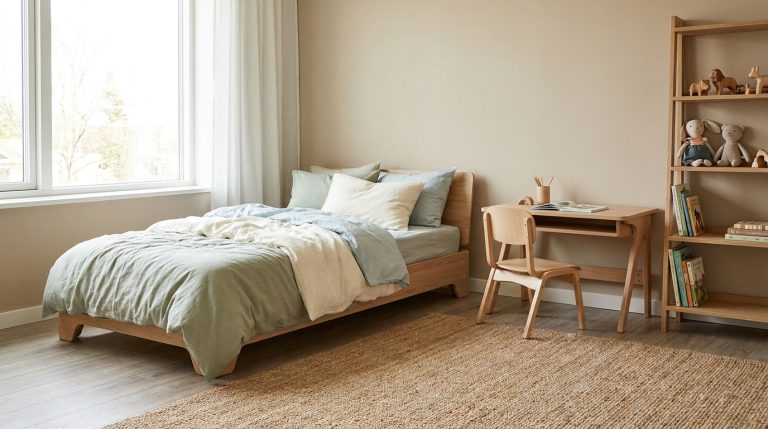 Aménager et réussir la décoration de la chambre d’enfant Chambre d'enfant minimaliste avec lit en bois, bureau et étagère, décorée dans des tons pastel de vert et beige.