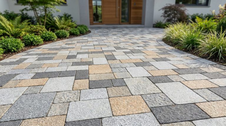 Allée pavée Pavefast aux tons gris et ocre menant à une porte d'entrée moderne entourée de jardins.