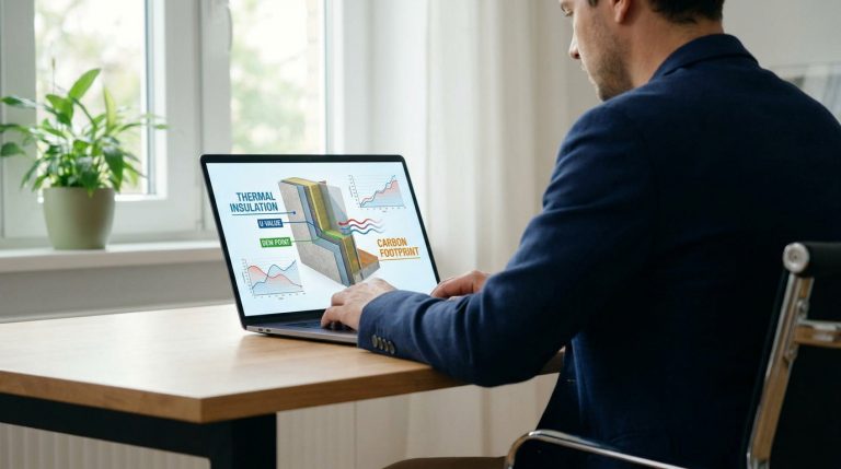Comment réussir votre calcul d’isolation avec Ubakus ? Un homme en costume travaillant sur un ordinateur portable affichant des données d'isolation thermique et écologique.