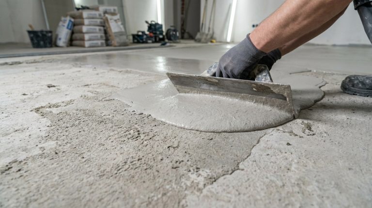 Comment lisser du béton sec : nos astuces de rattrapage Un ouvrier étale du mortier de ragréage sur un sol en béton brut à l'aide d'une taloche métallique.