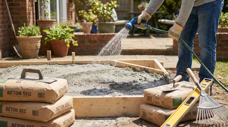 Béton sec à arroser : réussir votre dalle sans bétonnière Une personne arrose du béton sec dans un coffrage en bois dans un jardin pour fabriquer une dalle.