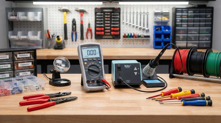 Réussir ses projets avec la liste d’outils mon club elec Établi d'électronique organisé avec multimètre, station de soudage Weller et divers outils et composants.