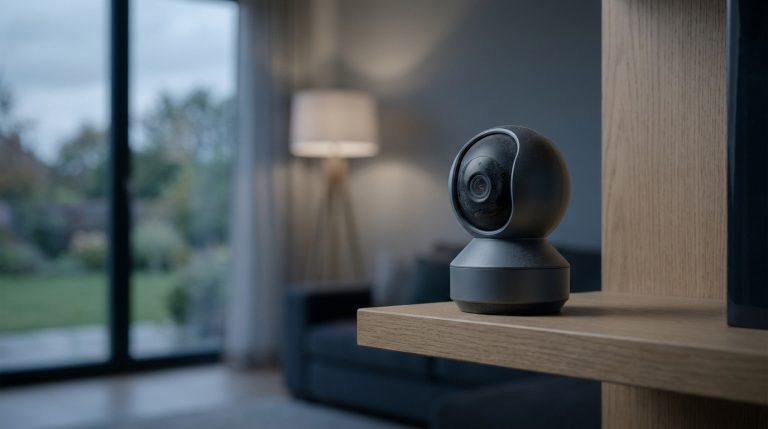 Qiara liquidation : fin du service pour les abonnés Freebox Caméra de surveillance intelligente Qiara posée sur une étagère dans un salon moderne.