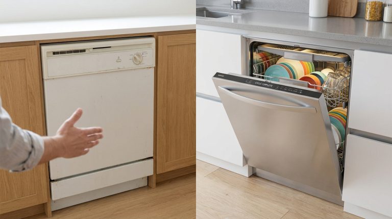 Comparaison entre un vieux lave-vaisselle blanc et un modèle moderne en inox rempli de vaisselle propre.