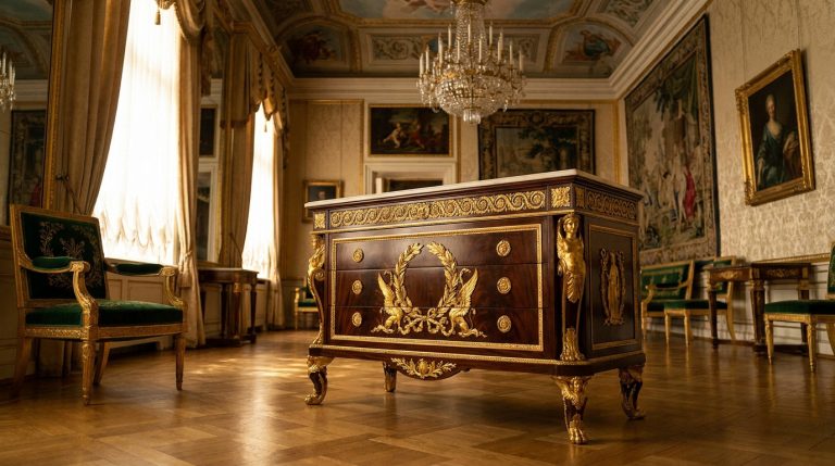 Meubles de Catherine la Grande : entre mythe et héritage Une commode luxueuse de style empire au centre d'un salon doré orné de tapisseries et d'un lustre en cristal.