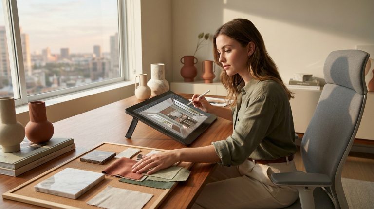 Quel est le prix de la formation Decoscope en 2026 ? Une architecte d'intérieur travaille sur une tablette graphique avec des échantillons de tissus et matériaux.