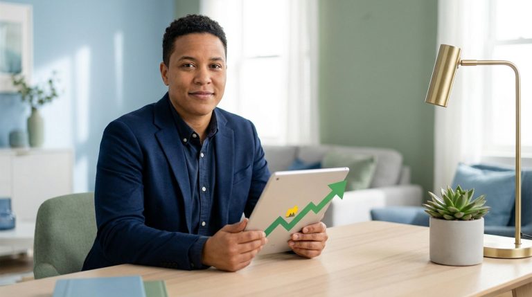 Avis declarationexpertise fr : ce service est-il fiable ? Professionnel en costume tenant une tablette avec une flèche de croissance verte devant un bureau.