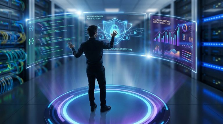 Expert en sécurité informatique interagissant avec des interfaces holographiques de données et de protection réseau.