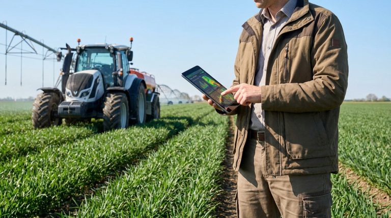 Agriculteur utilisant une tablette numérique dans un champ avec un tracteur en arrière-plan.