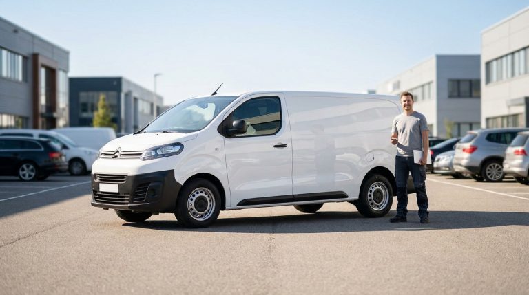 Location utilitaire Leclerc : tarifs et conditions en 2026 Un homme souriant debout à côté d'un utilitaire blanc stationné sur un parking professionnel.