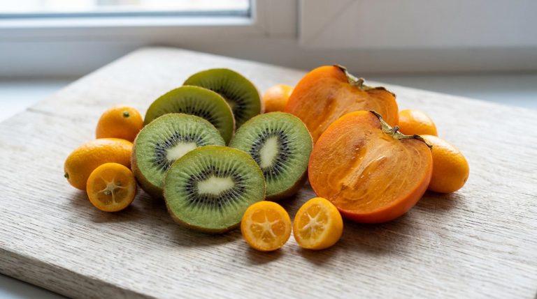 Découvrir les fruits lettre k : saveurs et bienfaits Tranches de kiwi, de kaki et kumquats entiers et coupés disposés sur une planche à découper en bois.