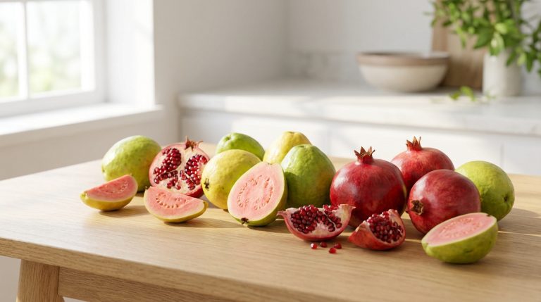 Tout savoir sur les fruits lettre g et leurs bienfaits Assortiment de goyaves et de grenades fraîches entières et coupées sur une table en bois dans une cuisine lumineuse.