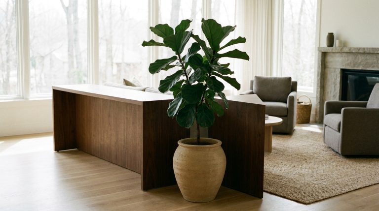 Un grand Ficus lyrata dans un pot en terre cuite placé devant un angle de meuble en bois dans un salon lumineux.