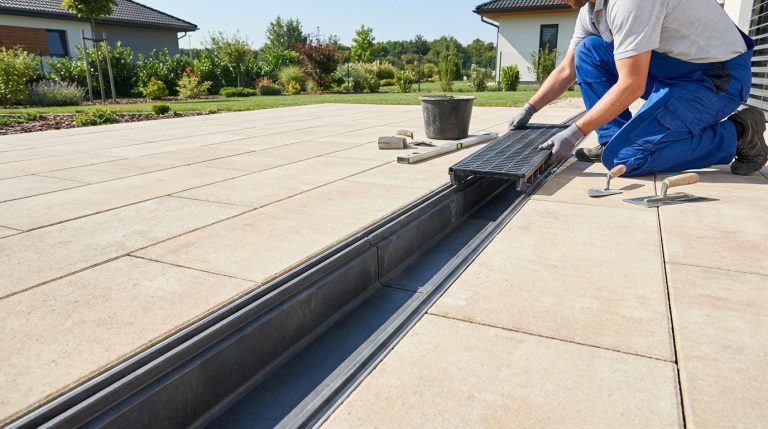 Pose caniveau sans pente : réussir votre drainage à plat Un ouvrier en bleu de travail installe une grille sur un caniveau de drainage sur une terrasse en dalles.