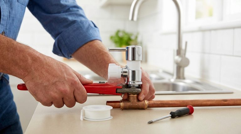 Comment remplacer un robinet autoperceur sans fuite ? Un plombier utilise une clé pour serrer un robinet sur une tuyauterie en cuivre dans une cuisine.