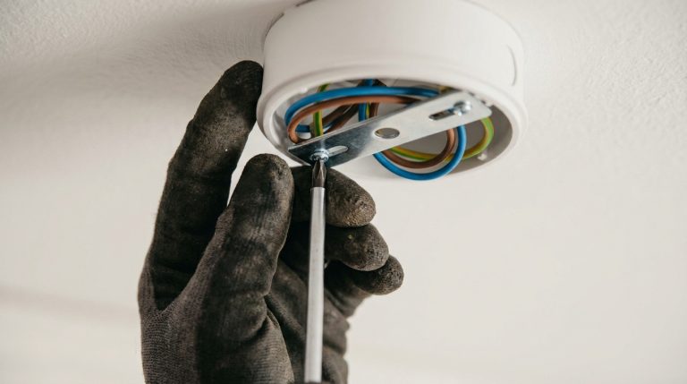 Comment remplacer un crochet DCL par une vis de fixation ? Une main gantée utilisant un tournevis pour visser un support métallique dans un boîtier DCL au plafond.