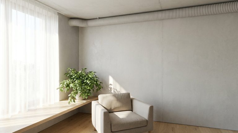 Pourquoi choisir la gaine Clinside pour votre ventilation ? Gaine de ventilation blanche apparente fixée au mur d'un salon moderne avec un fauteuil et une plante.