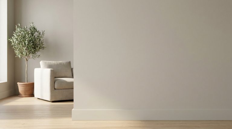 Peindre les plinthes d’un mur : l’atout du ton sur ton Mur et plinthe peints dans la même teinte beige neutre avec un fauteuil et un olivier en arrière-plan.