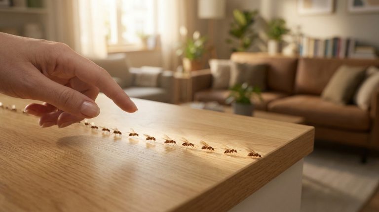 Une main pointant vers une file de fourmis ailées marchant sur une table en bois dans un salon lumineux.