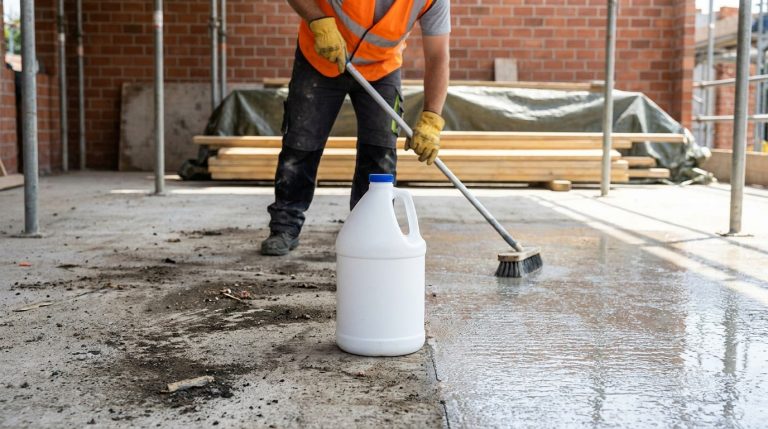 Tout savoir sur la javel gros travaux pour vos chantiers Un ouvrier en gilet de sécurité nettoie un sol en béton avec une brosse à côté d'un bidon d'eau de javel.