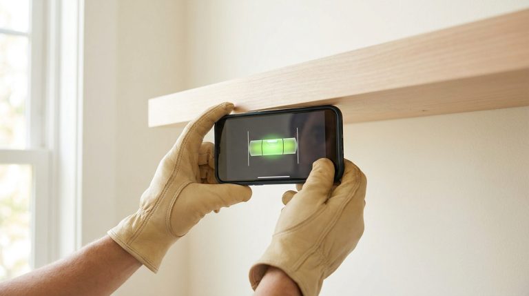 Comment utiliser le niveau bulle Google pour vos travaux ? Des mains gantées utilisent un smartphone pour vérifier l'horizontalité d'une étagère en bois avec une application.