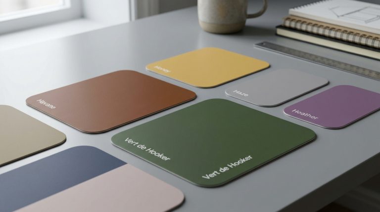 Tout savoir sur la couleur lettre h : nuances et codes Échantillons de couleurs nommés Havane, Honey, Haze, Heather et Vert de Hooker sur un bureau.