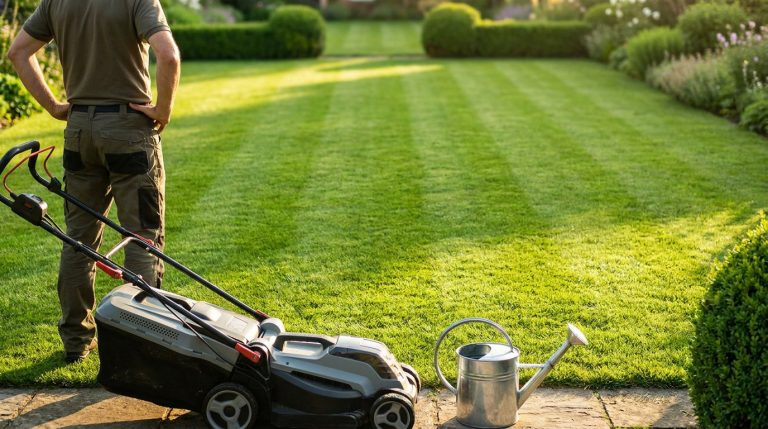 Un jardinier regarde sa pelouse parfaitement tondue avec une tondeuse et un arrosoir à ses côtés.