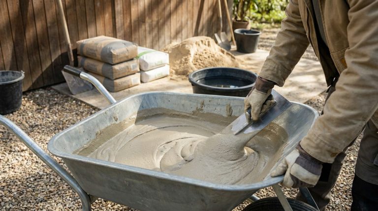 Dosage mortier bâtard : réussir votre mélange souple Ouvrier mélangeant du mortier frais dans une brouette avec une truelle sur un chantier.