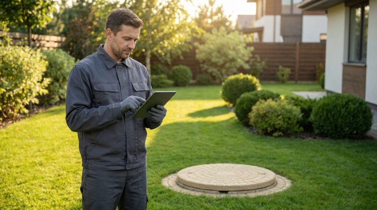 Quel est le prix pour une vidange de fosse en 2026 ? Un technicien en tenue de travail utilise une tablette numérique devant une fosse septique dans un jardin ensoleillé.