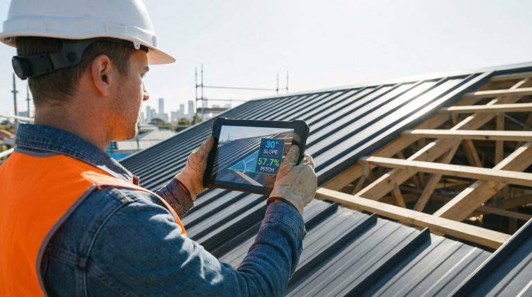 Réussir votre conversion degré pourcentage pour vos pentes Un ouvrier en casque et gilet orange utilise une tablette pour mesurer la pente d'un toit en métal en construction.