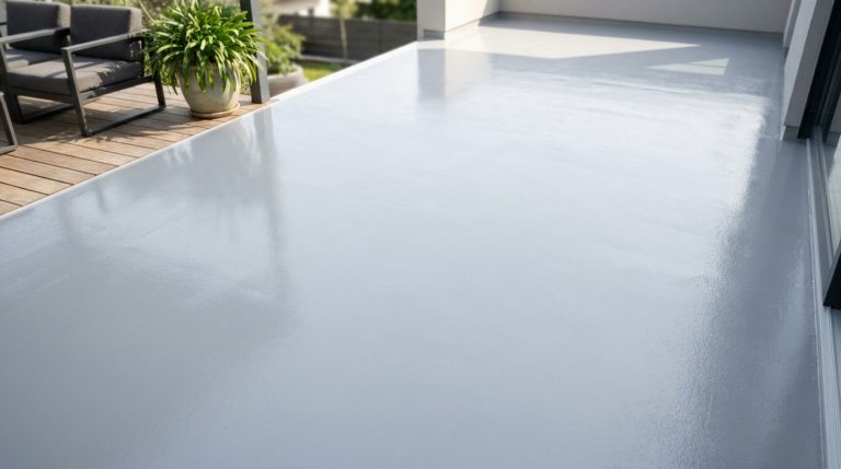 Comment réussir votre peinture sol béton en extérieur ? Terrasse extérieure avec un sol en béton peint en gris brillant et un salon de jardin moderne.