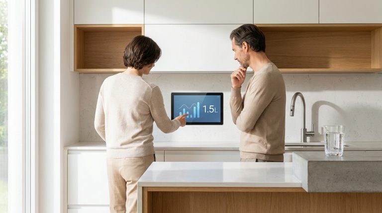Consommation d’eau moyenne pour un foyer de 2 personnes Un couple vérifie la consommation d'eau sur une tablette murale intelligente dans une cuisine moderne.