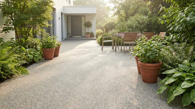 Une terrasse moderne en résine drainante devant une maison, entourée de plantes en pots et d'un salon de jardin en bois.