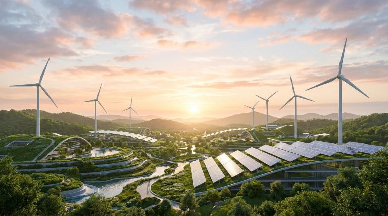 Co-valence blog : l’innovation durable à votre portée Paysage futuriste avec éoliennes et panneaux solaires dans une ville écologique et verdoyante au coucher du soleil.
