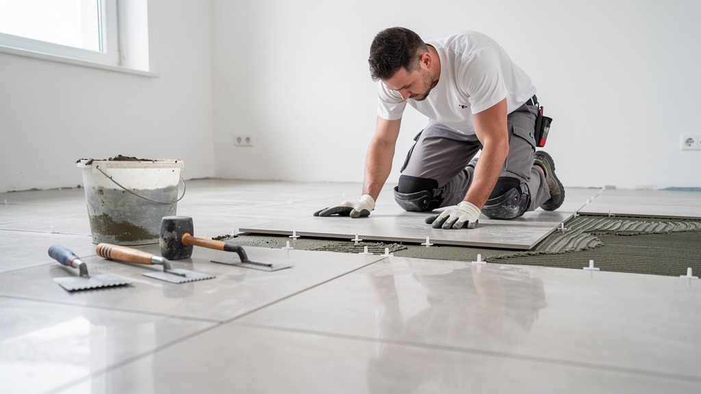 Artisan posant un nouveau carrelage sur support nivelé