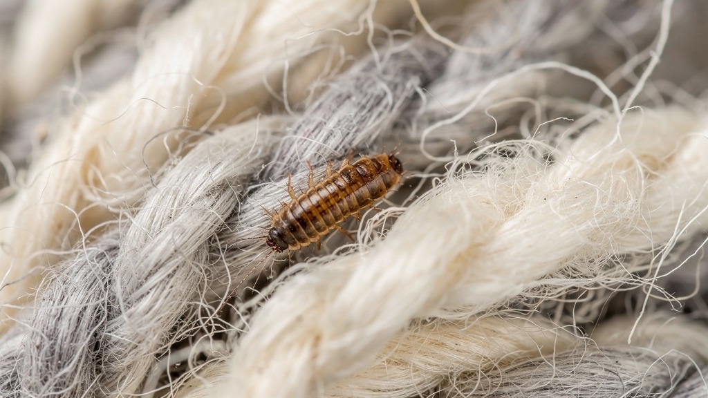 Larve d'anthrène dans des fibres de laine