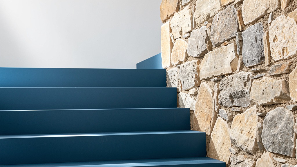 Marches d'escalier peintes en bleu avec mur en pierre apparente