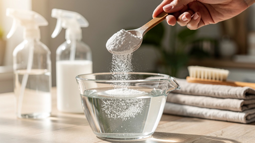 Mesure de percarbonate de soude en poudre pour préparer une solution ménagère