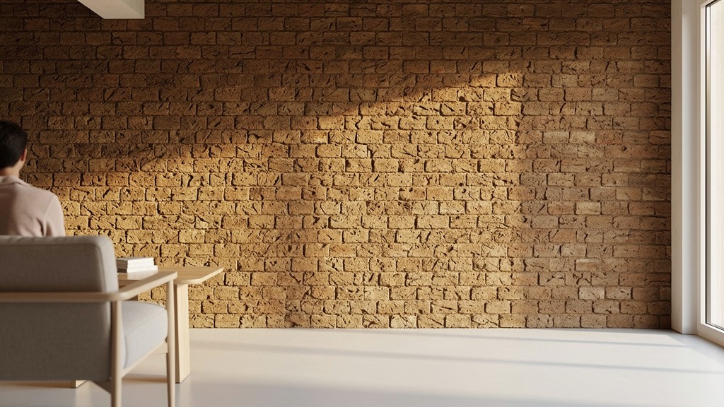 Mur intérieur en brique de terre crue apparente dans une maison contemporaine