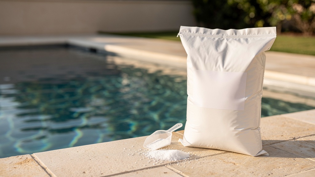 Sac de granulés pH minus posé au bord d'une piscine pendant un traitement