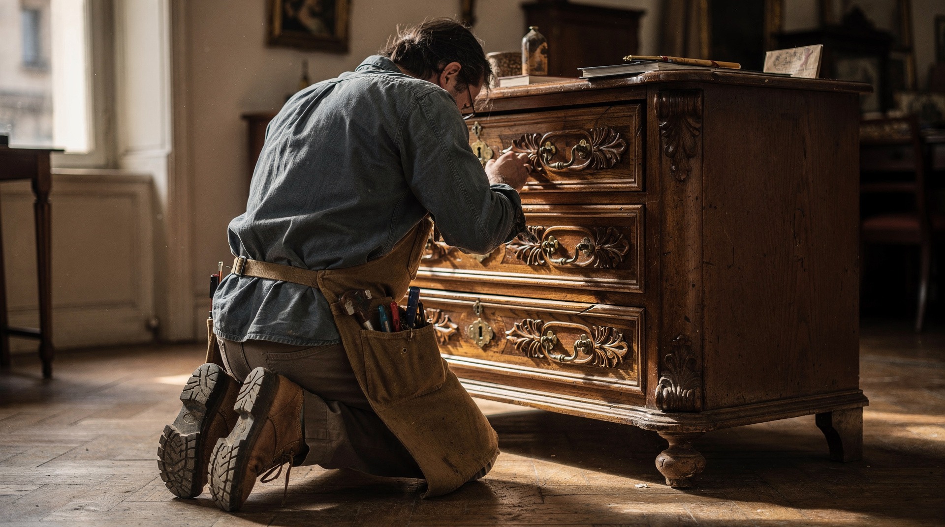 Antiquaire examinant un meuble ancien posé sur le parquet d'une maison de succession