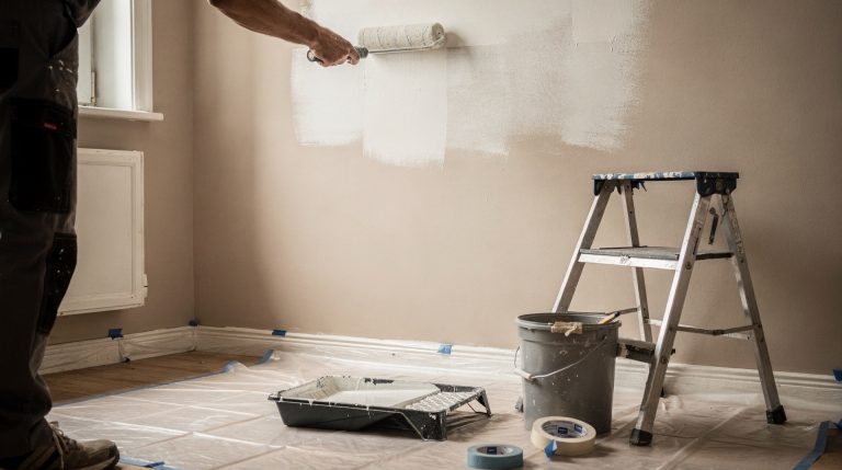 Artisan peintre appliquant de la peinture sur un mur intérieur