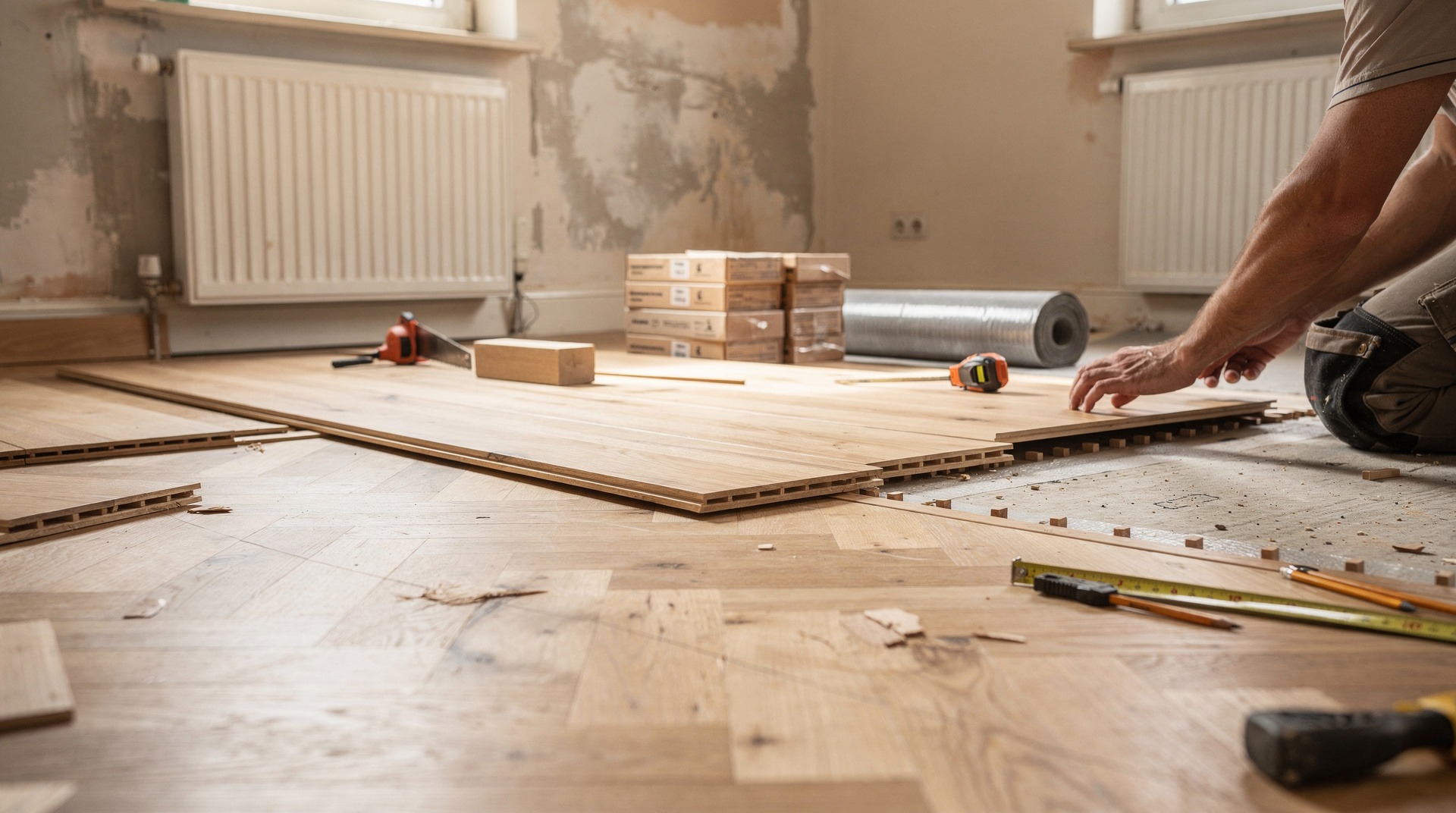Artisan posant des lames de parquet flottant dans une chambre en rénovation