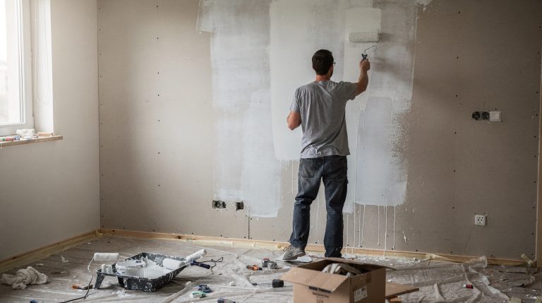 Peinture qui se décolle sur du placo : que faire ? Mur en placo avec peinture décollée en cours de réparation